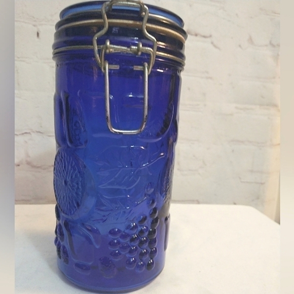 Vintage Cobalt Blue Glass Fruit Embossed Canister with Metal Hinged Lid 7.75" - Picture 4 of 10